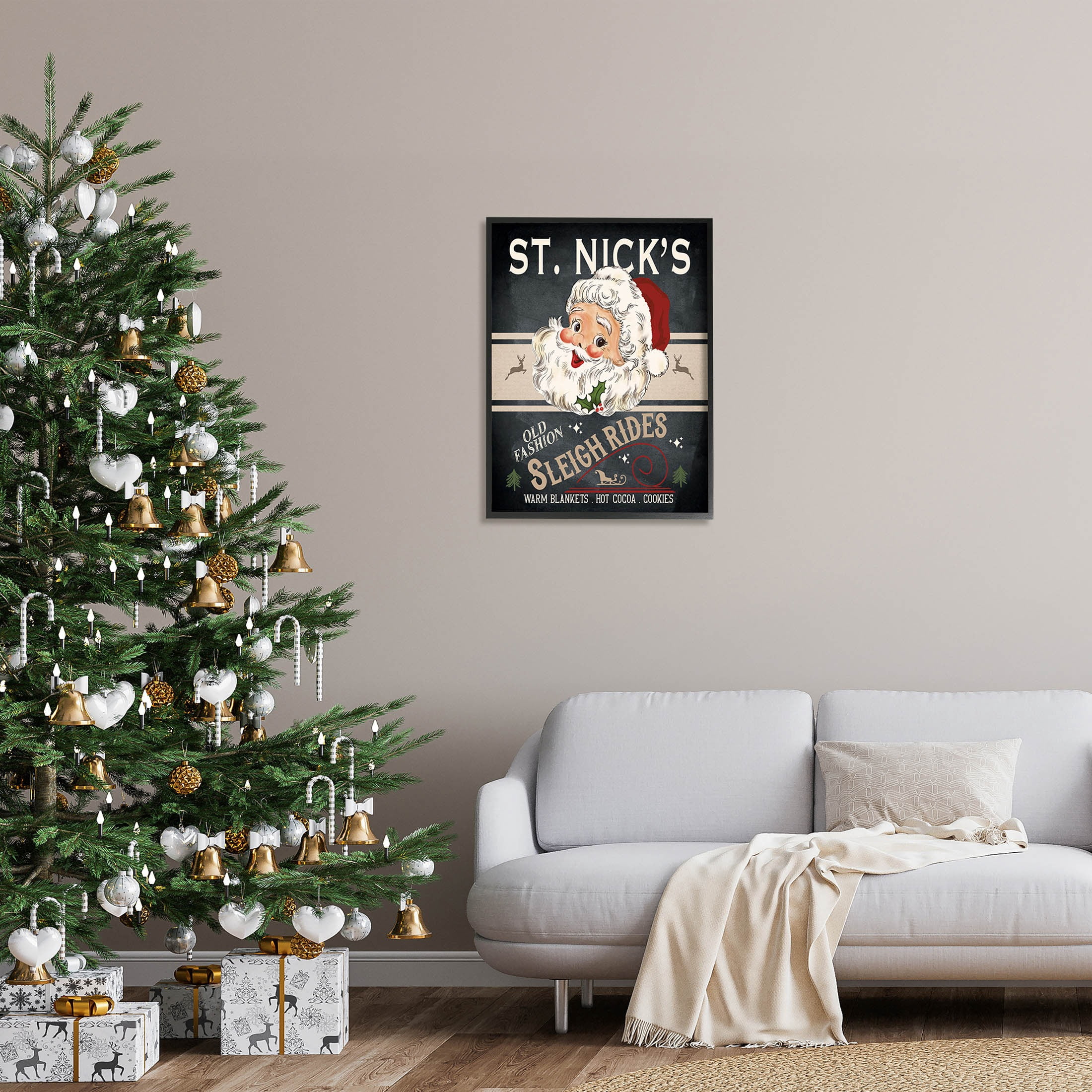 St. Nick's Sleigh Rides Vintage Style Sign Holiday Graphic Art Black Framed Art Print Wall Art