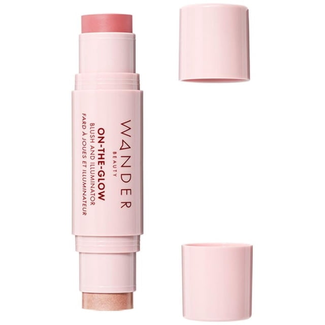 Rubor e iluminador Wander Beauty On-The-Glow - Rosa coral/Brillo nude - Rubor hidratante en crema e iluminador en barra 7 en 1 - Rubor en barra para mejillas, labios y cuerpo - Maquillaje iluminador y
