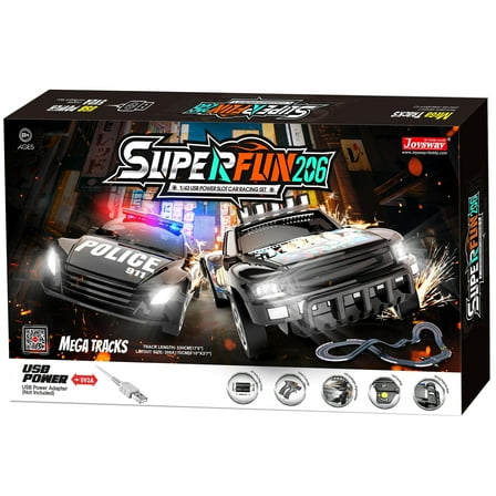 Joysway: SuperFun 206 - 1/43 USB Power Slot Car Racing Set, Layout Size: 82"x43", LED Headlights, Lap Counter, Ages 8 