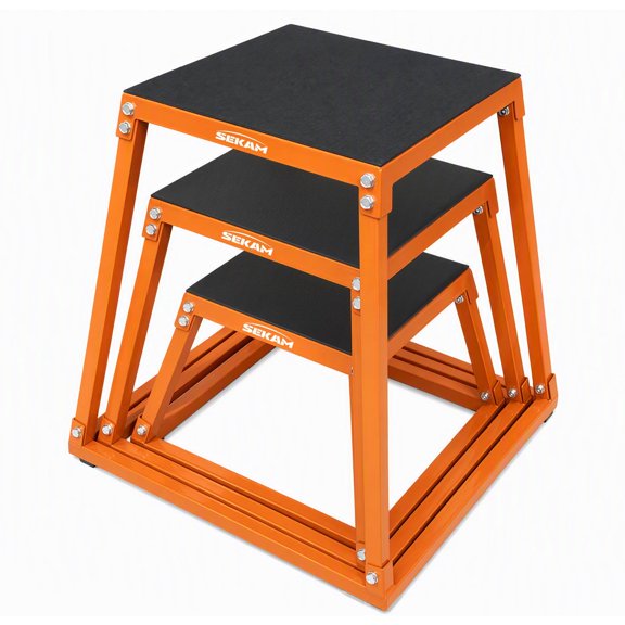 SEKAM Plyometric Jump Box Set of 3, Heavy-Duty Steel Workout Boxes, 12", 18" and 24" Heights, 500 lb Capacity, Non-Slip Surface, Stackable Storage, Orange