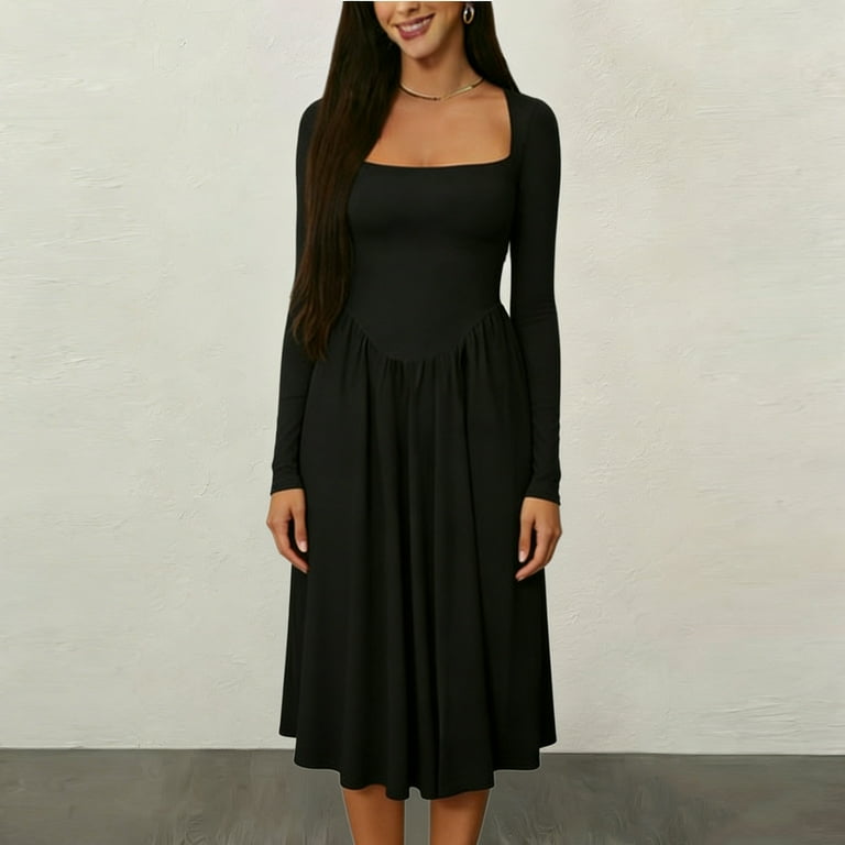 Asdoklhq Elegant Dresses for Women Neck Long Sleeve Fitted-Waist Slim Solid Midi Knee-High Dress Black S, Women's, Size: Small