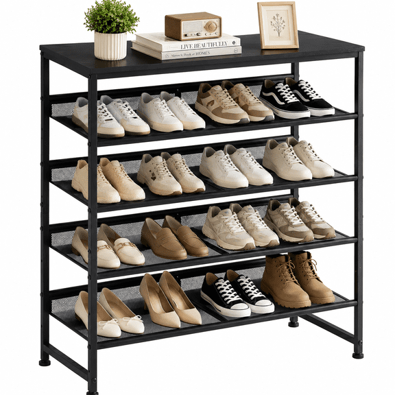 CONCETTA 5-Tier Adjustable Shelf Shoe Rack, Fine Mesh Metal Shelves & Wooden Top, Freestanding Organizer for Entryway, Black