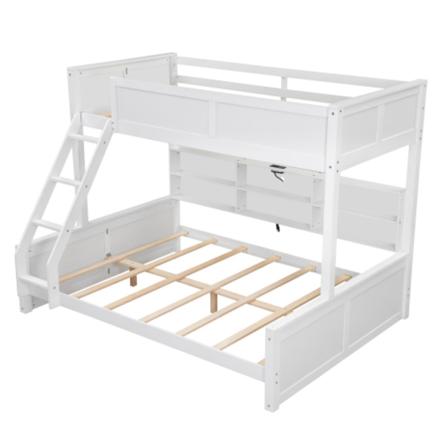 Twin XL Over Queen Bunk Bed with Storage Cabinets & USB Ports, Solid Wood Loft Bed with Guardrails, Space Saving Bed for Bedroom, Antique White