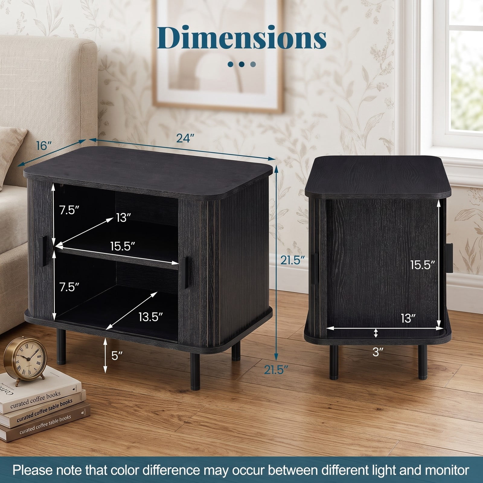 Furnibear End Table Modern Mid Century Nightstand with Sliding Tambour Doors and Storage Shelf for Bedroom Living Room, Black