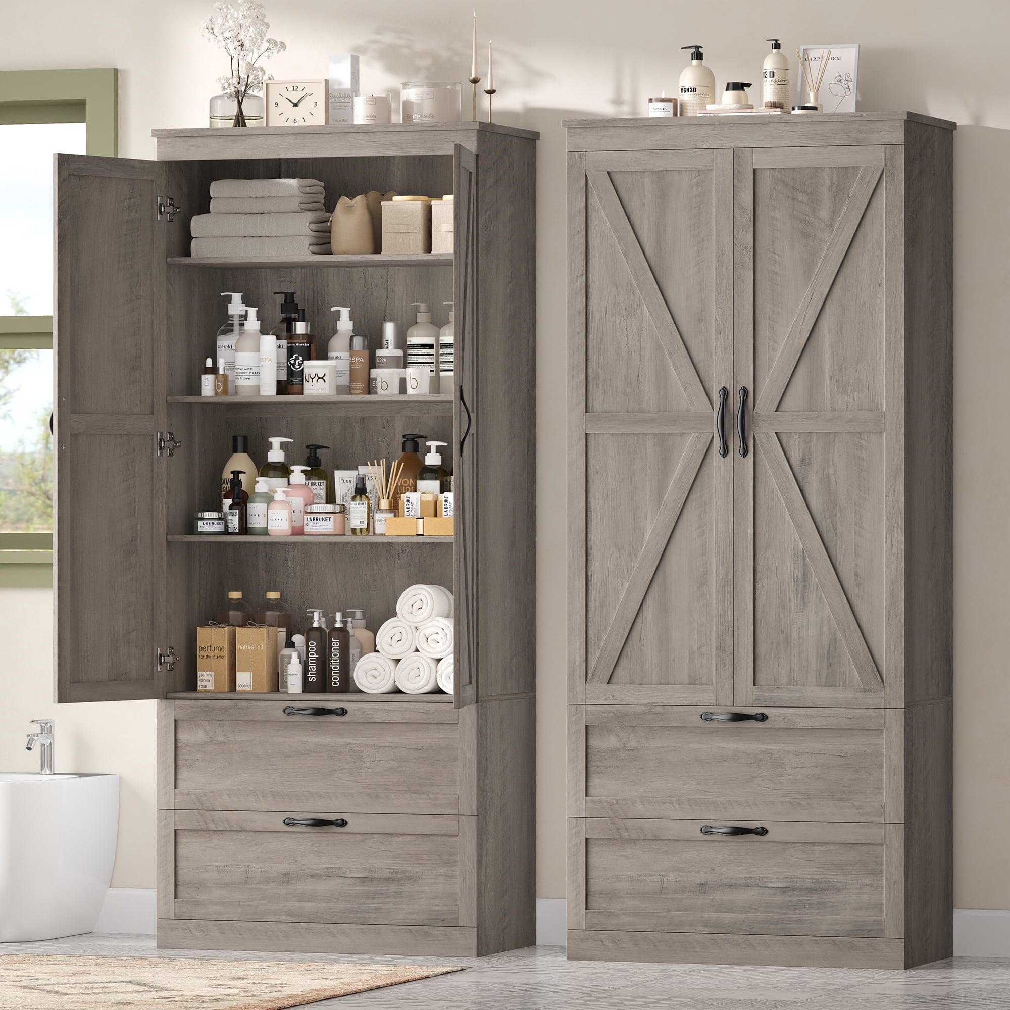 Homfa 70.3"H Bathroom Storage Cabinet, Farmhouse Linen Storage Cabinet with 2 Drawers, Wash Gray