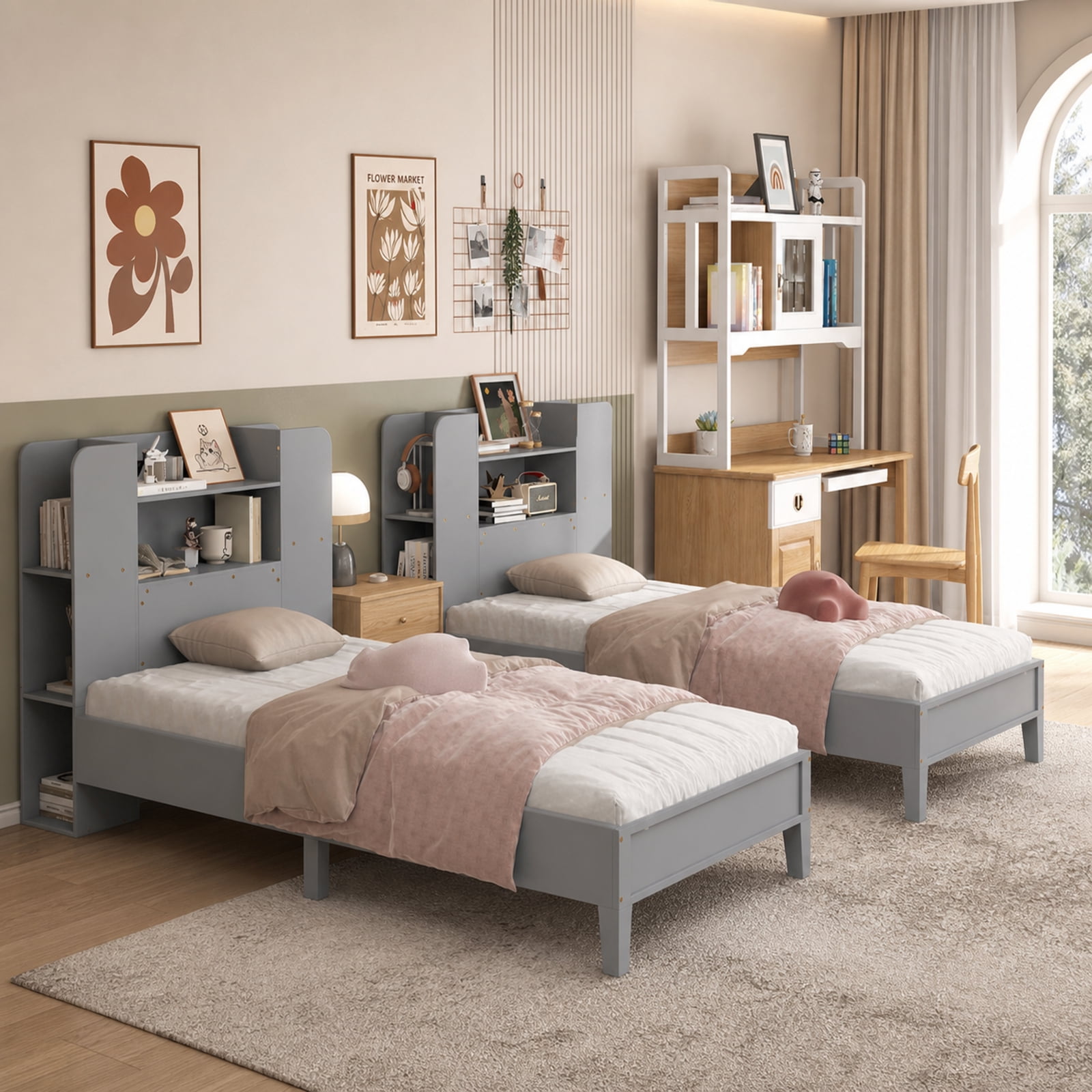 Furnibear Twin Platform Bed Frame with Built in Bookcase Headboard 2 Tier Shelf 6 Open Compartments Solid Wood Slats and No Box Spring Needed, Gray