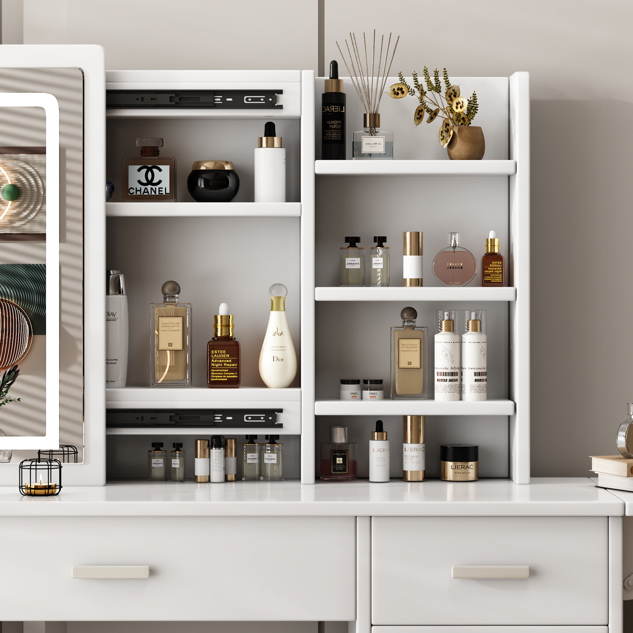 Aukfa Makeup Vanity Set with Mirror & Open Shelves, LED Vanity Desk, White