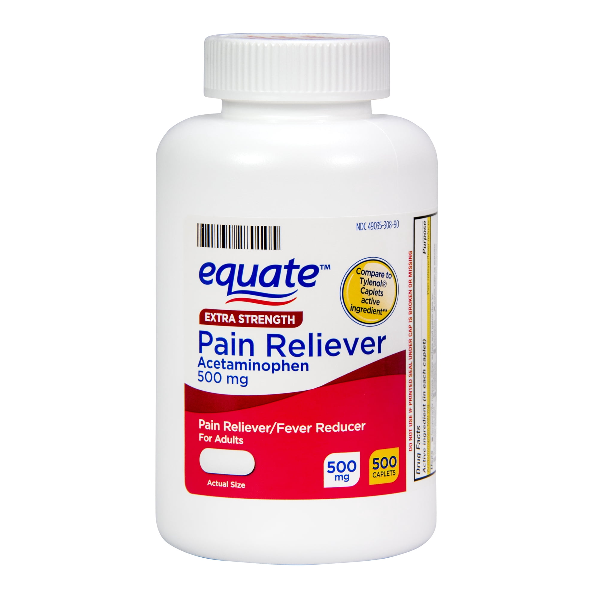 Equate Extra Strength Pain Reliever Acetaminophen Caplets, 500mg, Pain Reliever/Fever Reducer, 500 Count, Compare to Tylenol® Extra Strength Active Ingredient