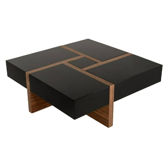 Benjara Square Top Wooden Coffee Table with 4 Drawer Storage- Brown and Black