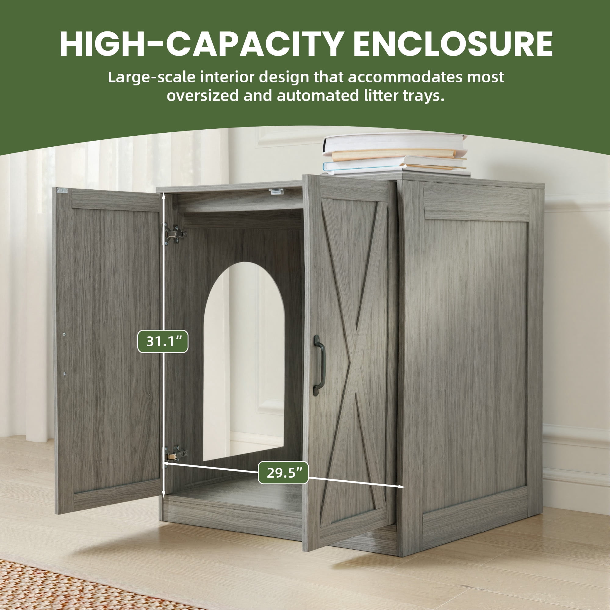 Uforic Large Hidden Electric Litter Box Cabinet with Power Outlets, Wooden Cat Litter Box Enclosure for Self-Cleaning Litter Boxes, Indoor Storage Cat Furniture, Wash Grey
