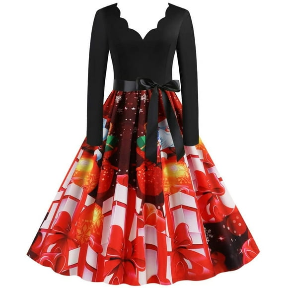 ATTOE Music Note Print Elegant Party Dresses Women 1950s 60s Retro Vintage Robe Plus Size Casual Christmas S-3XL (Color : B006, Size : Large)