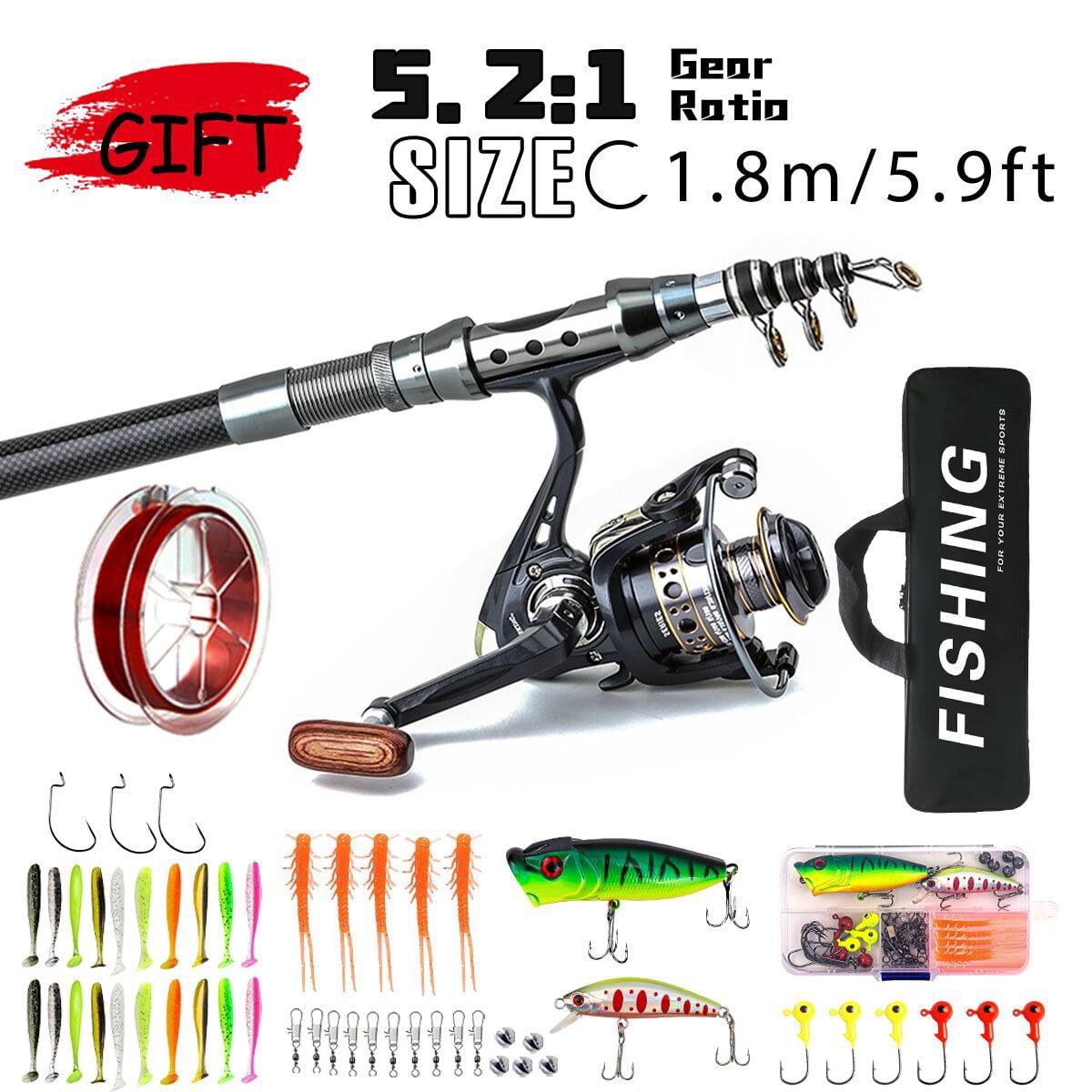 Carbon Fiber Travel Fishing Rod Corrosion-Resistant Saltwater Spinning Rod 5 Collapsible Section with Carry Bag Beach