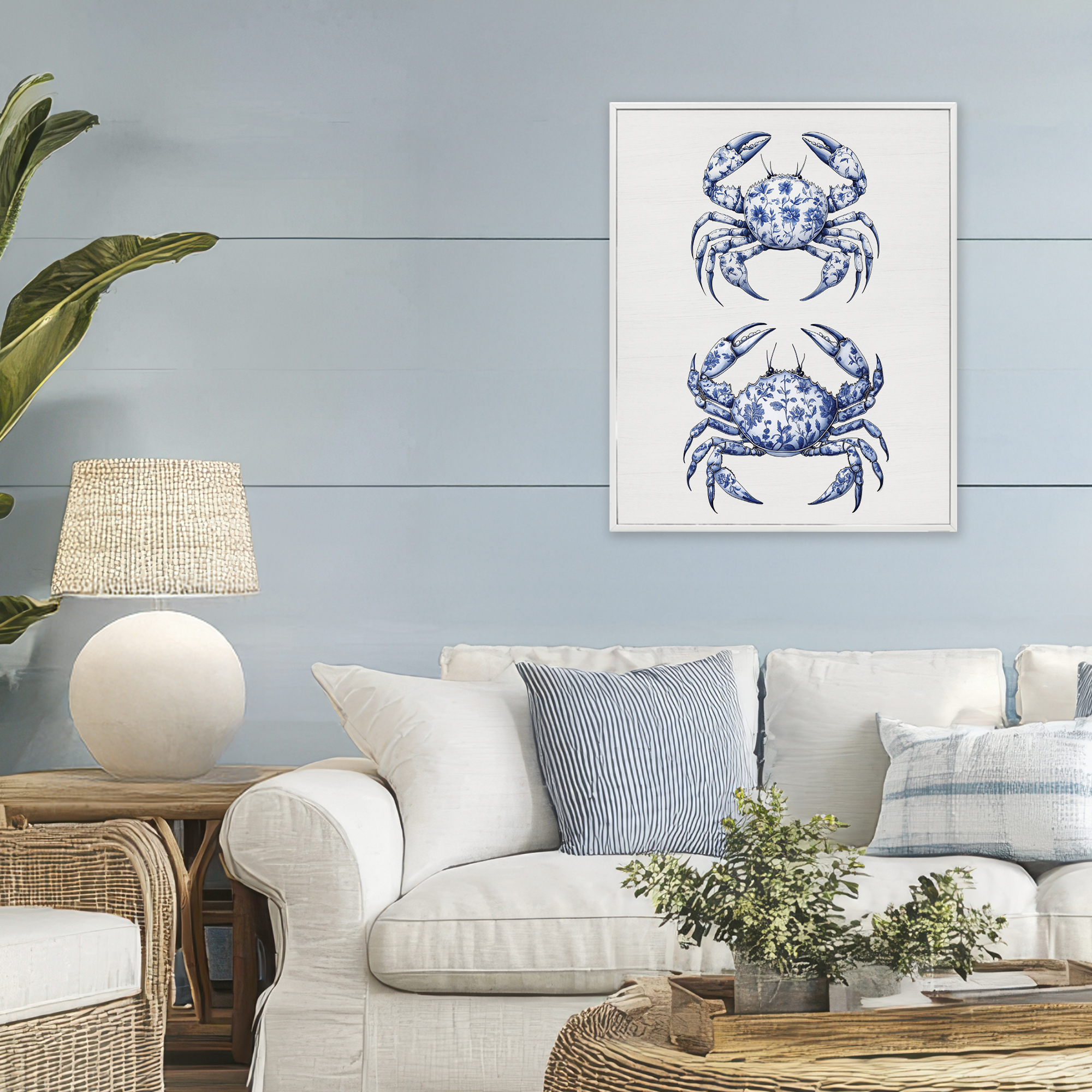 Vintage Toile Crabs White Framed Giclee Art, design by Lettered and Lined