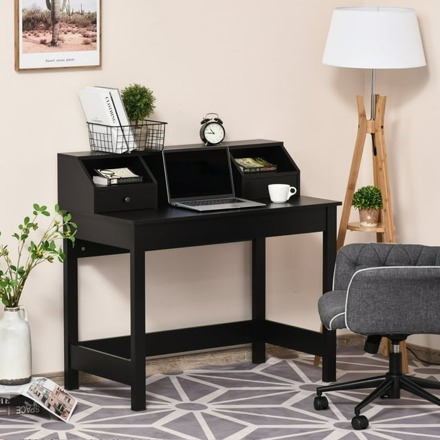 Topcobe Modern Rectangle Computer Desk with Display Shelves & Drawers for Home Office, Black