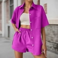 thumbnail image 2 of Arlun 2 Piece Sets for Women Casual Button down Short Sleeve Tops Matching Shorts with Pockets Solid Color Waffle Outfits Loose Comfortable Loungewear Sets Red XL, 2 of 5