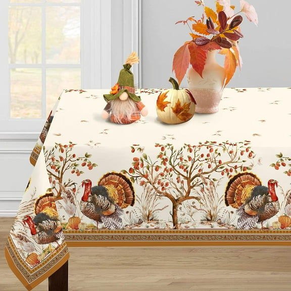 Fall Thanksgiving Double Border Decoration Tablecloth,Turkey & Pumpkin Harvest Tablecloths, Waterproof Table Cover for Dinner Kitchen Party Holiday Decorations, 60"x 120" Oblong/Rectangle