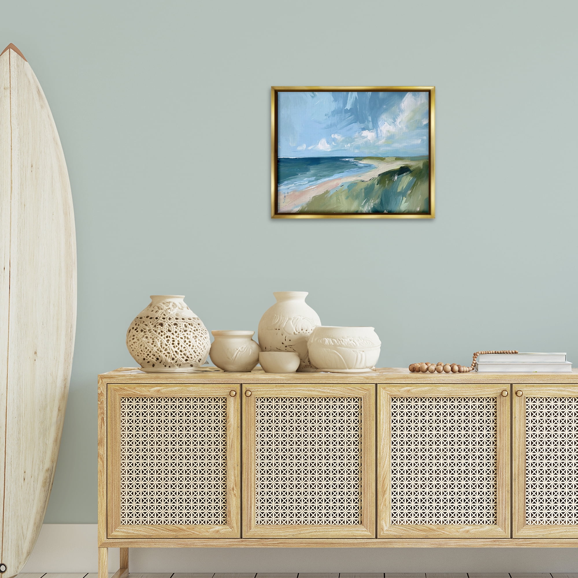 Stupell Industries Coastal Wilderness Landscape Coastal Painting Gold Floater Framed Canvas Art Print Wall Art, 21 x 17