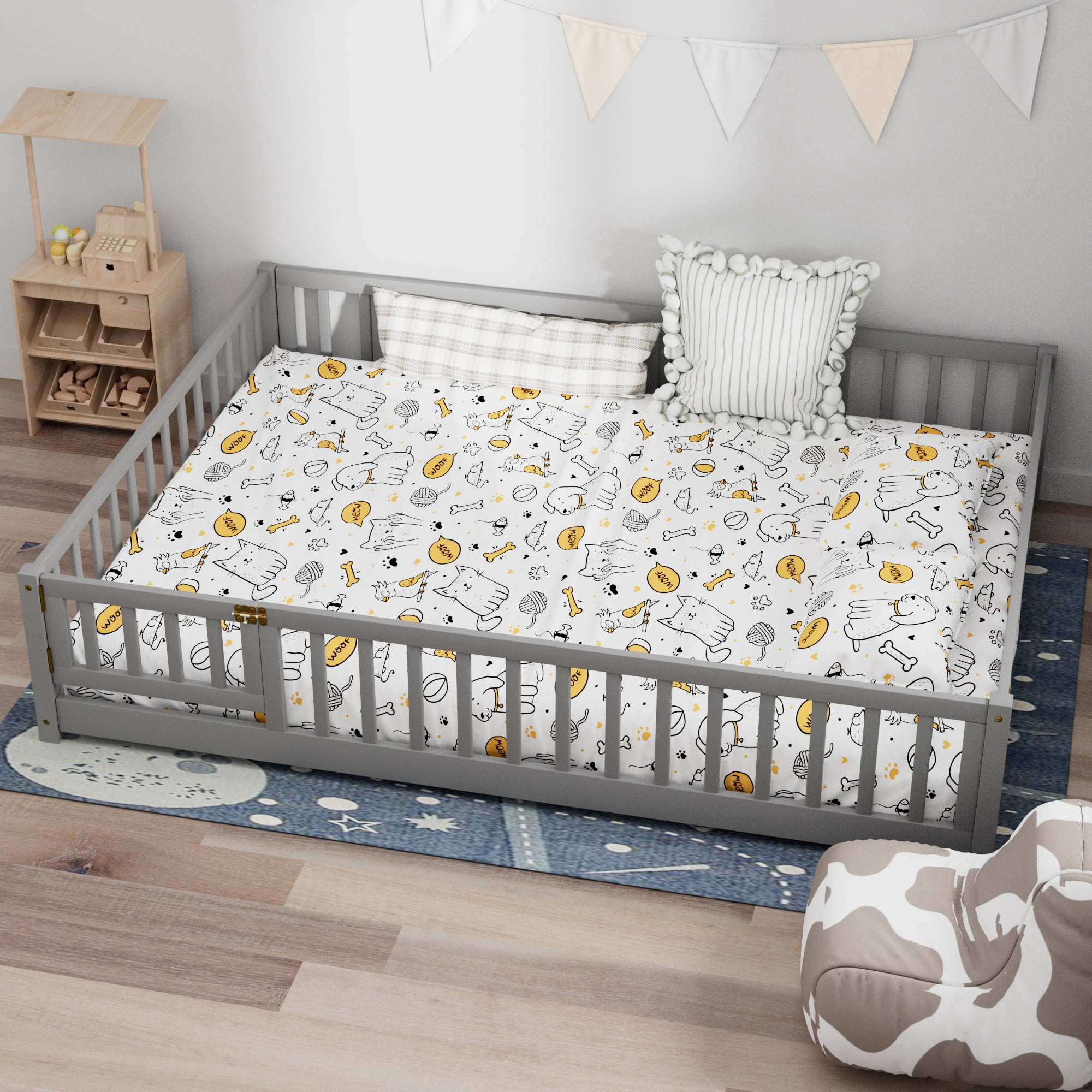 Queen Size Floor Bed, Wood Montessori Bed Frame with Fence Guardrails and & Support Slats, Queen Playhouse Bed with Door Design, Gray