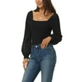 thumbnail image 4 of INSPIRE CHIC Women's Square Neck Sheer Shoulder Long Sleeve Bodysuit Blouse L Black, 4 of 6