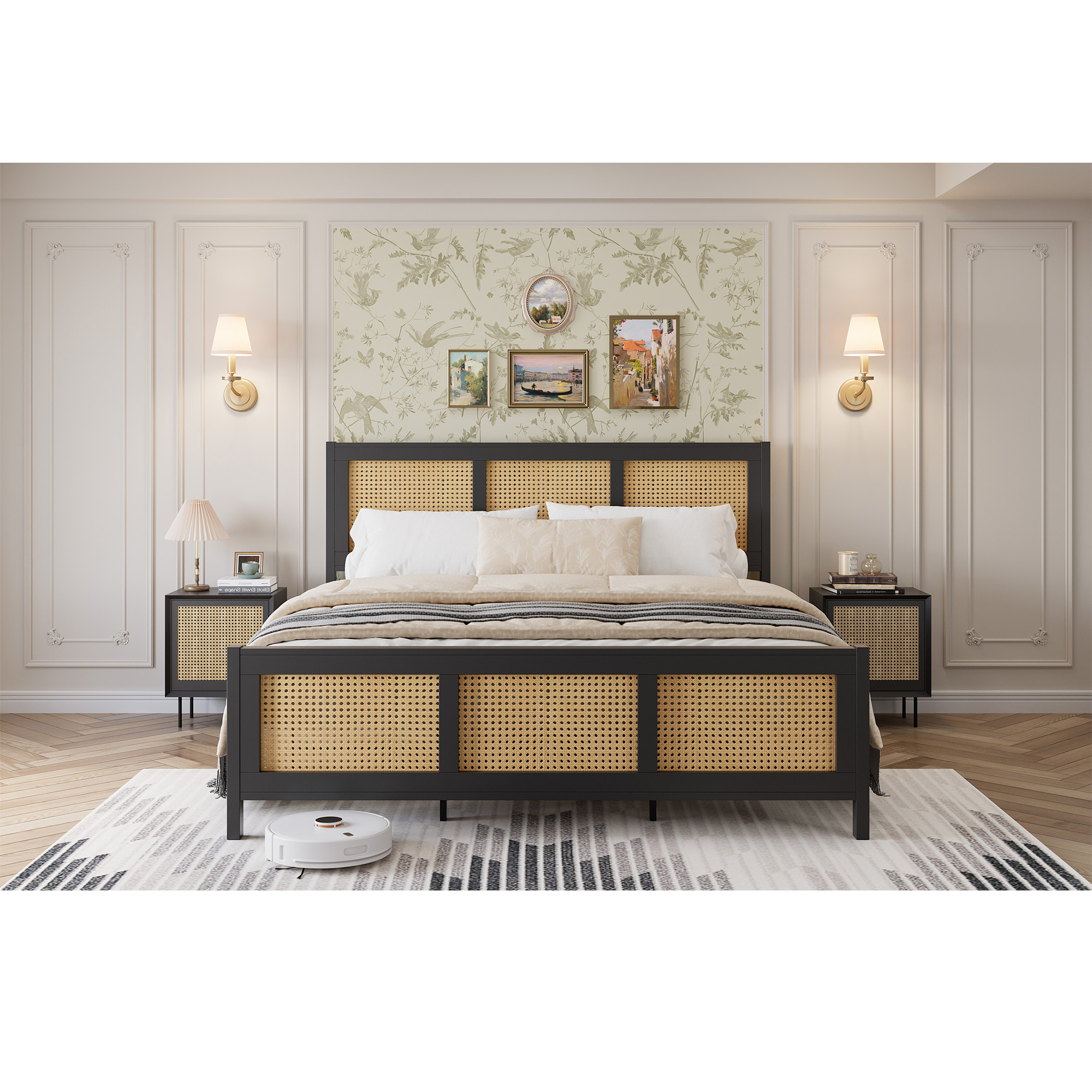 Full Size Rattan Bed Frame, Boho Cane Platform Bed Frame, Modern Style with Headboard & Strong Metal Slat, No Box Spring Needed for Bed Room, Black