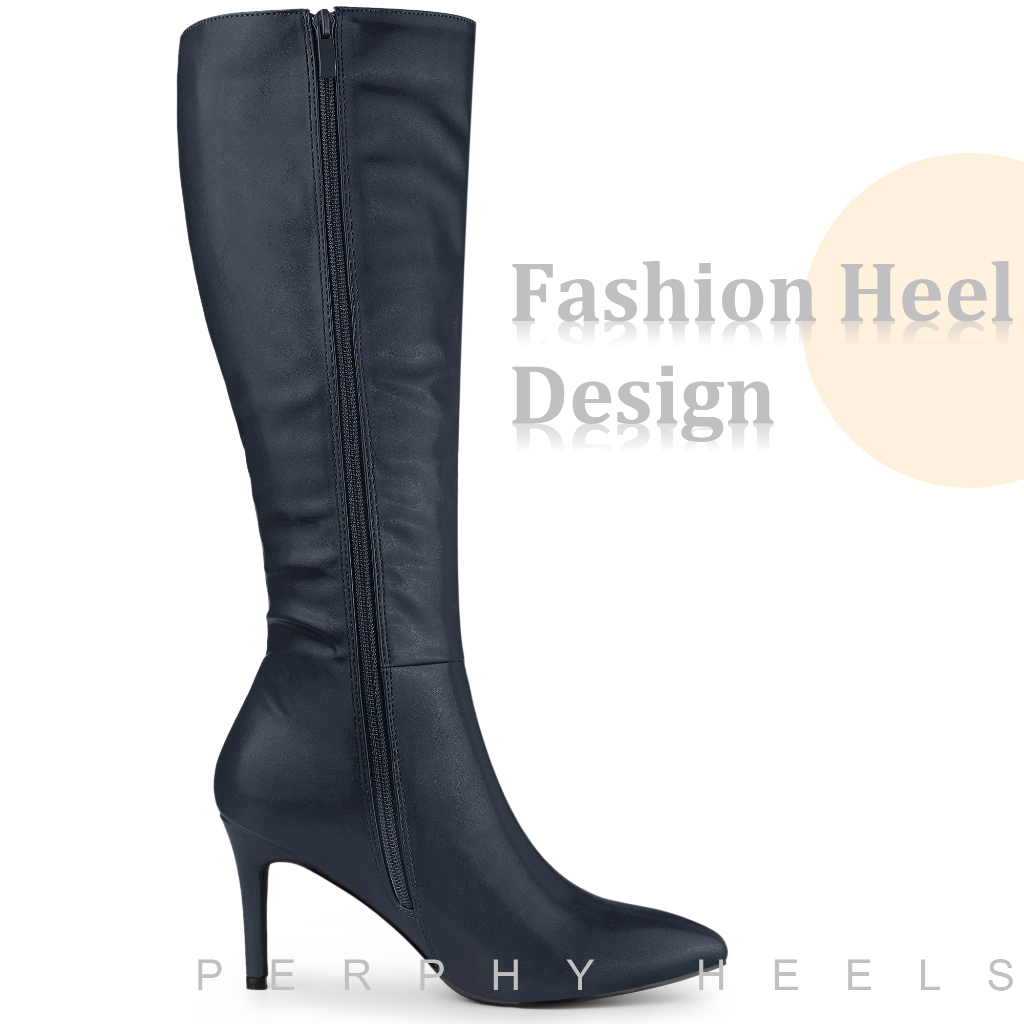 DARING DIVA Women's Pointed Toe Side Zipper Stiletto Heel Knee High Boots Navy Blue 9