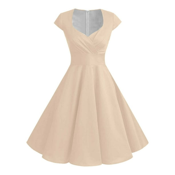 Vestido retro de fiesta liso para mujer: diseño informal de corte A, cintura alta para diversas ocasiones, tallas S-XXL.