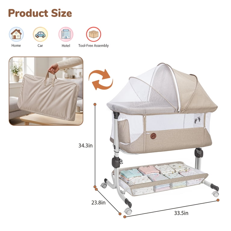 Vipuse 3-in-1 Bedside Bassinet with Storage, Oatmeal photo 5