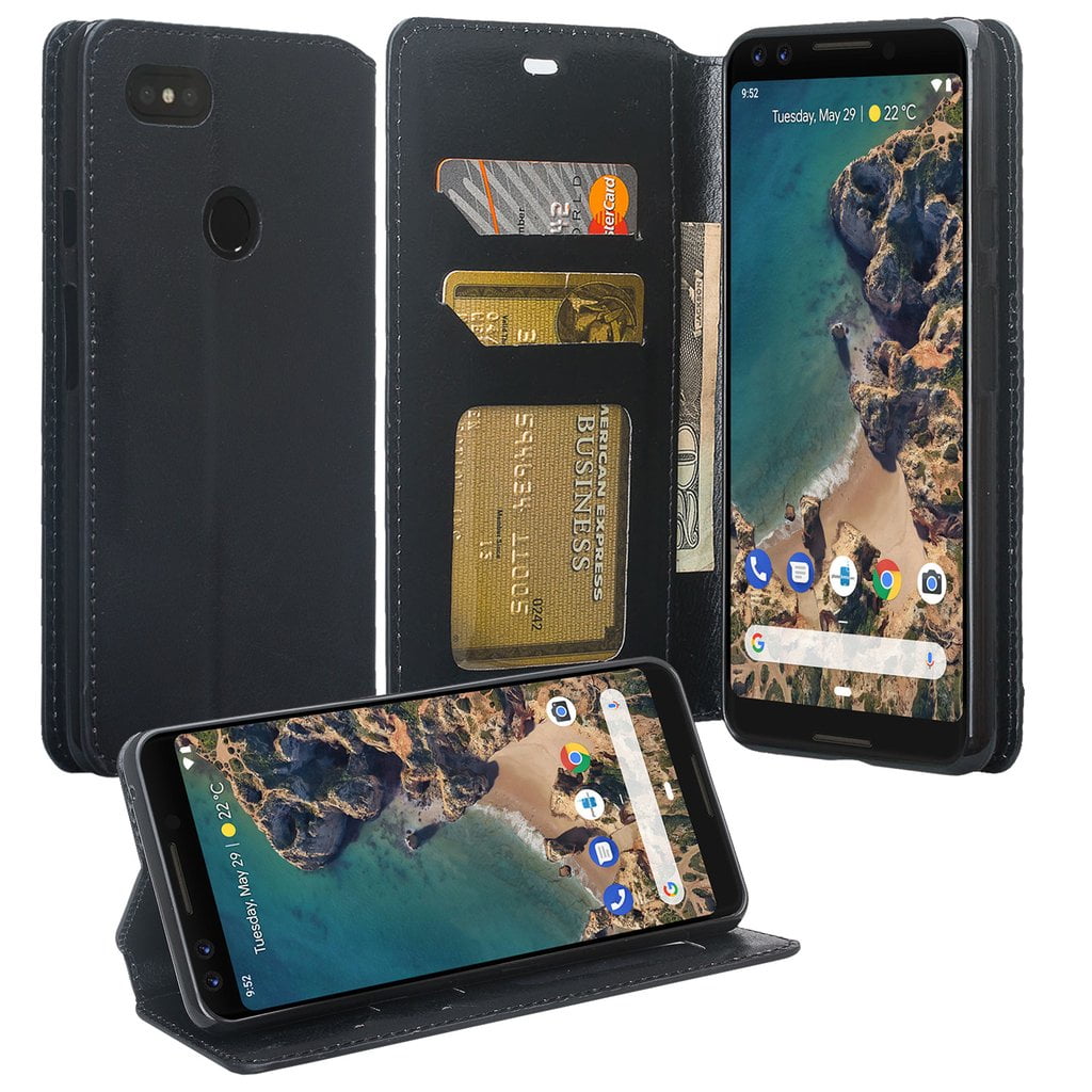 Phone Case for Google Pixel 2XL Wallet With Tempered Glass Screen Protector Card Holder Slot ID Credit Stand Kickstand Leather Magnetic Purse Flip Cell Accessories Pixle 2 XL Pixel2XL Pixel2 LX Black