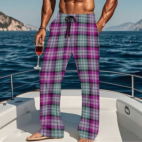 Men's Loungewear Pants, Plaid Sleepwear Pajamas Bottoms, Classic Drawstring Soft Knit Homewear Trousers with Pockets Purple L