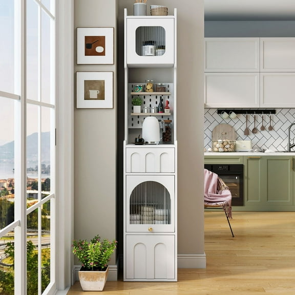 S-HOME Modern White Sideboard Cabinet - Space-Saving Design Featuring Glass Doors and Shelves for Dining and Bedroom Use