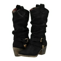 Shadoumai Womens Buckle Strap Block Boots Heeled Knee High Dress Mid Calf Booties Motorcycle Riding Combat Boots