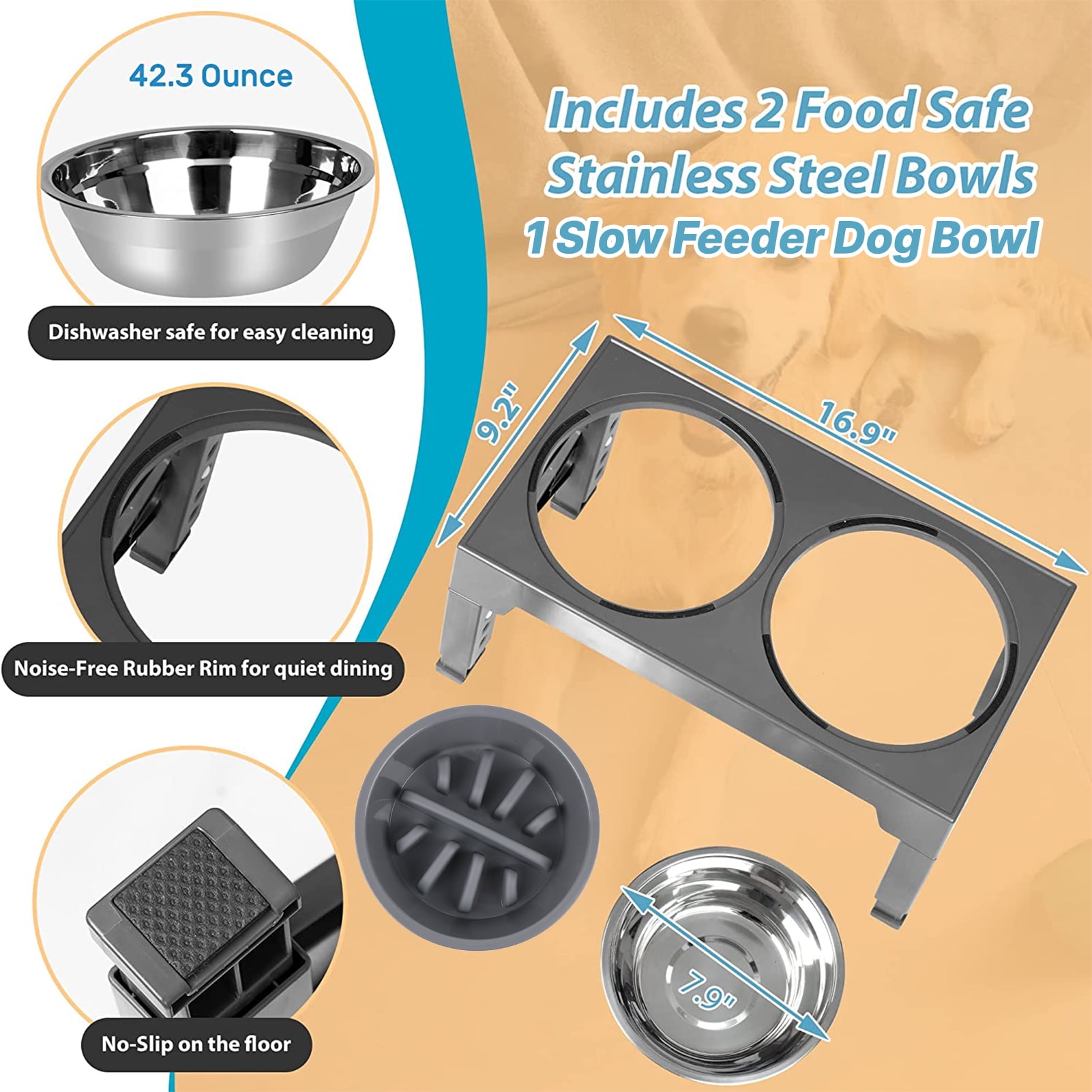 ZALALOVA Elevated Dog Bowls Stand with 2 Stainless Steel Dishes 1 Slow Feeder Dog Bowl, Raised Dog Bowl Adjusts to 5 Heights (3.15",8.9'',10",11.2'',12.4") for Medium and Large Dogs(Gray)