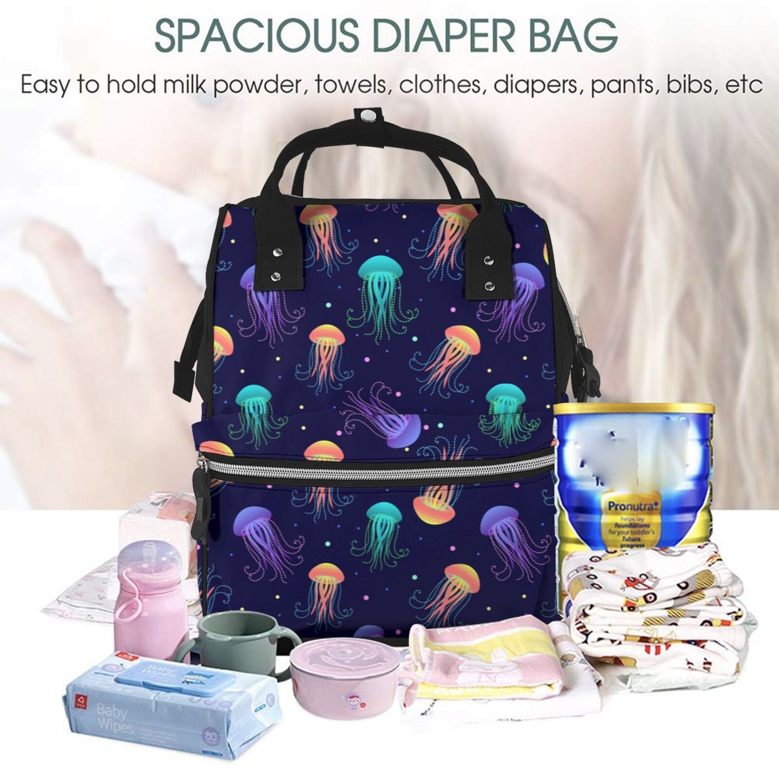 Ratiio Sea Jellyfish Mummy Backpack - Waterproof Twill Canvas, Large Capacity Diaper Bag with Multiple Pockets and Adjustable Straps