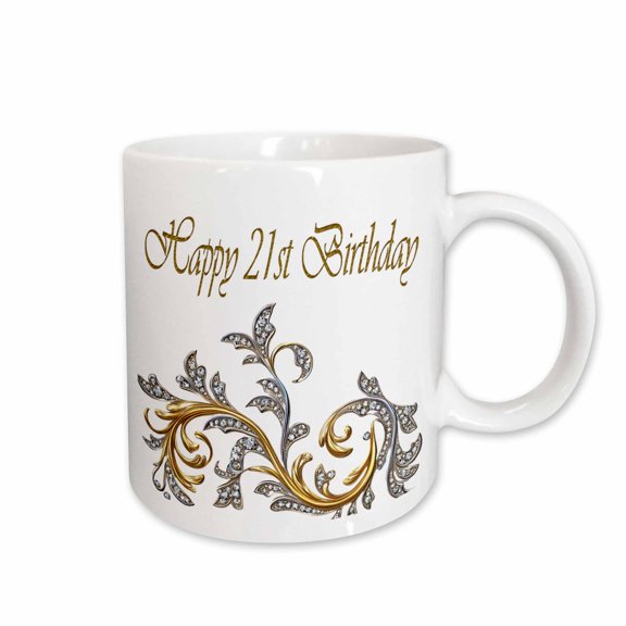 3drose, Happy 21st Birthday Elegant Image of Diamond Image of Gold Flourish, 11oz Mug