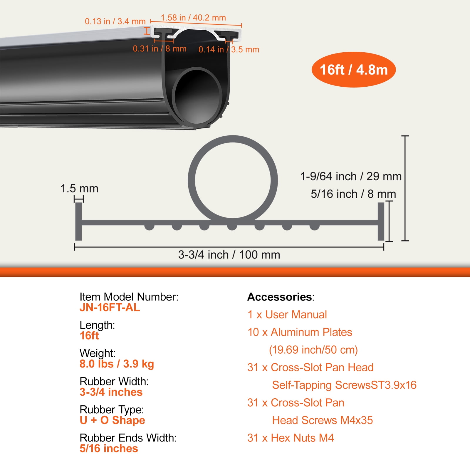 KFFKFF Garage Door Seals Bottom Rubber 16 ft Weather Stripping Kit Seal Strip Replacement, Universal Weatherproof Threshold Buffering Sealing Rubber 5/16 inch T-end
