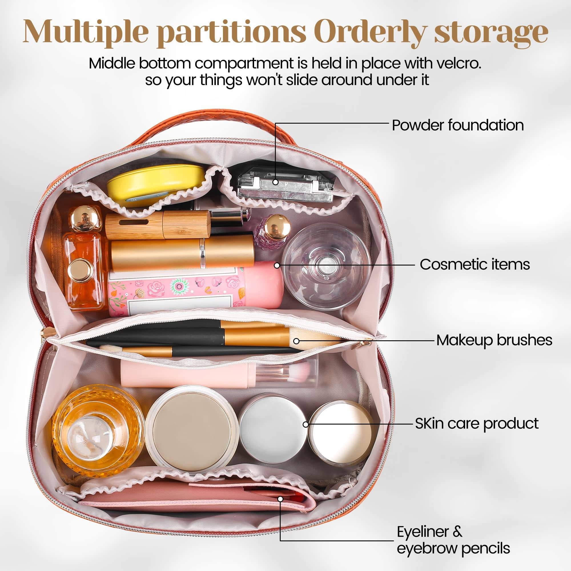 iMucci Large Capacity Travel Cosmetic Bags for Women - Portable PU Leather Waterproof Makeup Bag with Handle and Divider, Flat Lay Cosmetic Case Makeup Organizer Bag Toiletry Bag