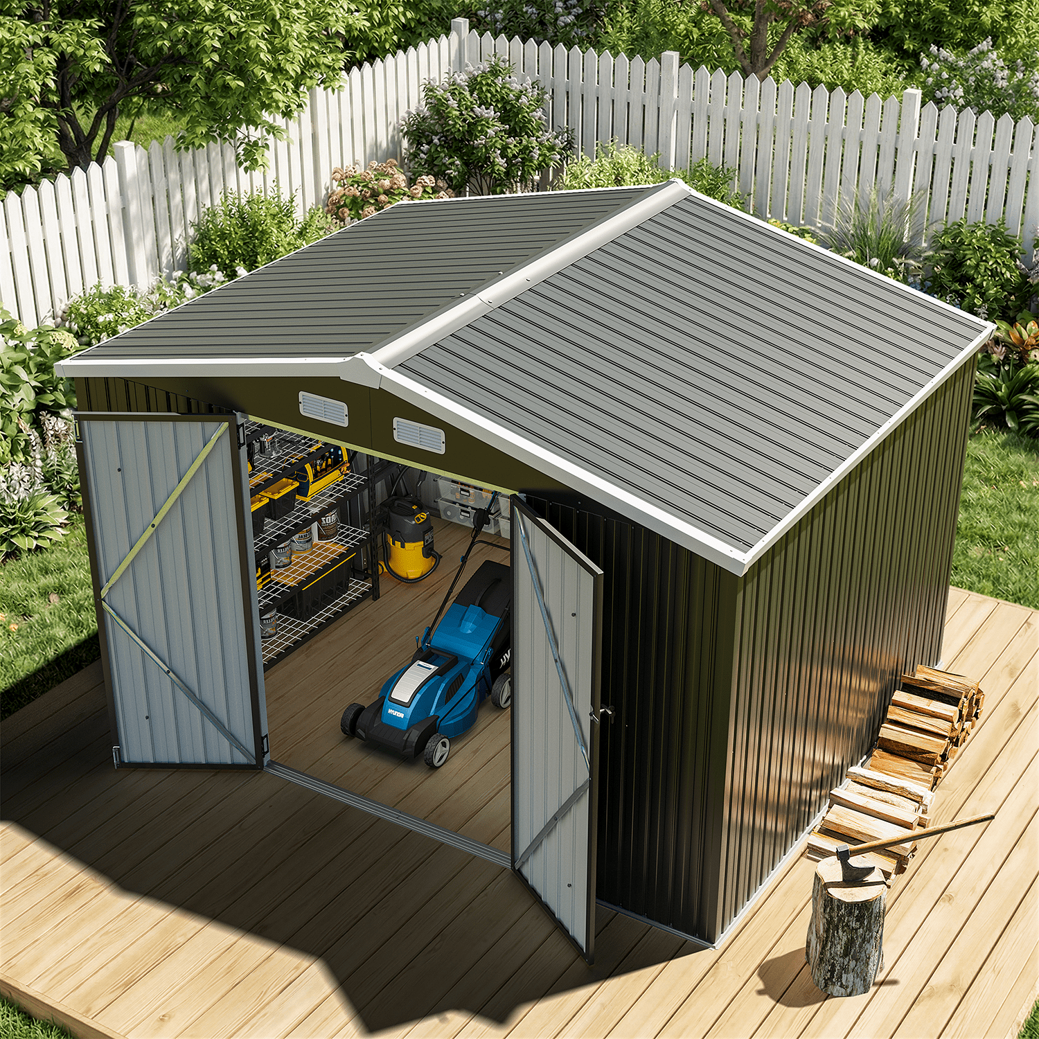 Clouddwell 10 x 8 FT Shed Outdoor Storage Shed with Double Hinged Large Door, Large Metal Shed with Lockable Door & Sloped Roof for Garden, Patio and Backyard, Black