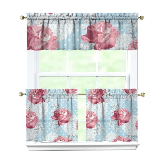Pioneer Kitchen Curtains and Valance Set 24 Inch Tier Pink Paper Peony Flowers Curtains Small Drapes for Cafe Living Room Bathroom Farmhouse 3 Pieces Set Rod Pocket
