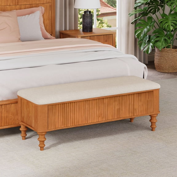 S-HOME Multi-Functional 50.8-Inch Bed End Storage Bench in Rubberwood with Cushion Seat - Ideal Shoe Organizer for Living Rooms,Natural