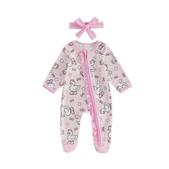 RUINIXCW 2 Pcs Infant Girl Outfit Long Sleeve Crew Neck Goose Floral Print Footed Romper and Headband Set