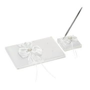 CACAGOO White Satin Ribbon Wedding Guset Signature Book and Pen Stand Set with Rhinestone Faux Pearls Bowknot Decoration