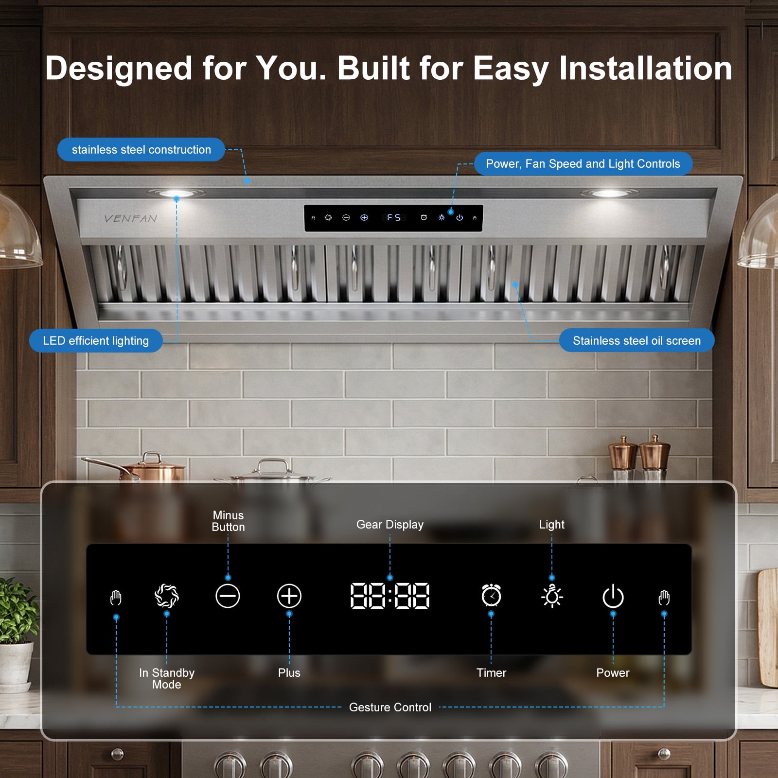 VENFAN 30 Inch Range Hood Insert, 1200 CFM Ultra Quiet DC Motor, Gesture & Touch Control, Ducted/Ductless Convertible, Stainless Steel Built-in Kitchen Vent Hood