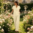 thumbnail image 6 of Linen Sets for Women 2 Piece Summer Casual Short Sleeve V Neck Button down Shirts Matching Loose Wide Leg Pants, M, 6 of 8