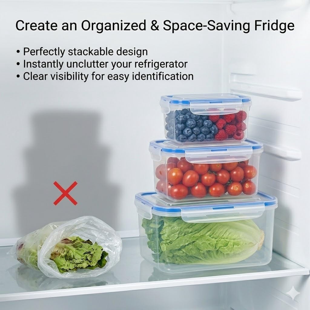 Fruit Vegetable Storage Containers for Fridge, 4 in 1 Food Storage Containers with Lids, Stackable Fruit Storag𝐞 Container𝐬, for Vegetables & Frui𝐭 Organization (B,3PC)