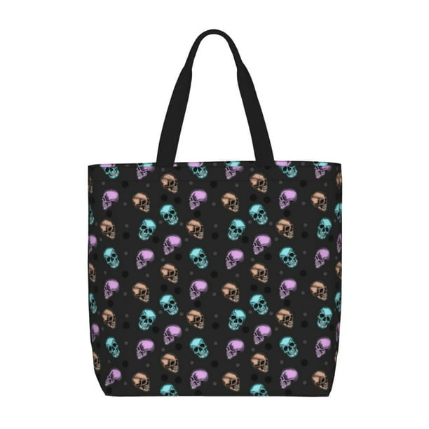Fotbe purple cyan brown Skull Bolsa Tote con Estampado para Mujer, Bolsos con Cremallera, Bolsa de Hombro Casual de Gran Capacidad con Bolsillos Internos