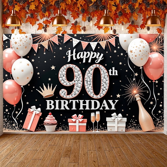 Pink White Theme Happy 90th Banner Gold Stars Design 90th Party Backdrop Balloon Decor Gift Box Pattern 90th Celebration Background for 90th Birthday Party Milestone Celebration Family Gathering