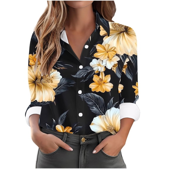 NuoCaiYun Women Lapel Collar Shirts, Women'S Casual Fashion Hawaiian Print Single-Breasted Long-Sleeve Shirt