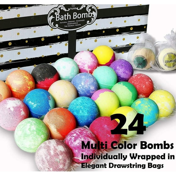 Aromatherapy Bath Bomb Gift Set.24 Individually Wrapped Bath Bombs in Gorgeous Mesh Bags. Luxury Bath Bombs Set Ready To Gift as Party Favors, Wedding Favors etc. 24 Bath Balls Fizzers