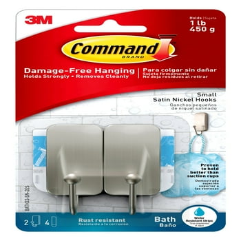 Command Bath Small Hooks, Satin Nickel, 2 Wall Hooks, 4 Water Resistant Strips, Bath Organization