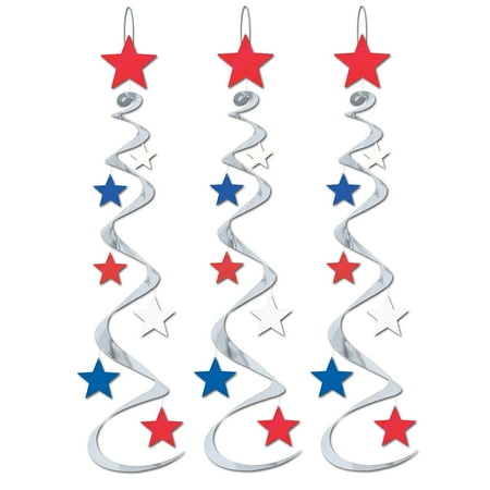 Star Whirls 30" Silver With Red, White, Blue Stars - 6 Pack (3 Per Package)